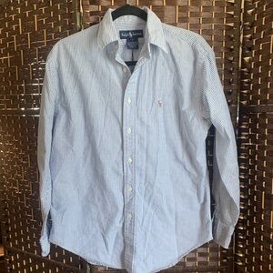 Ralph Lauren Women’s White and Blue Pinstripe Shirt Size 8/M